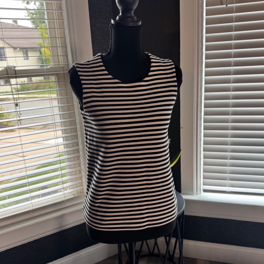 Madewell Womens XS Black White Striped Sleeveless Knit Tank Top Crew Neck Ribbed